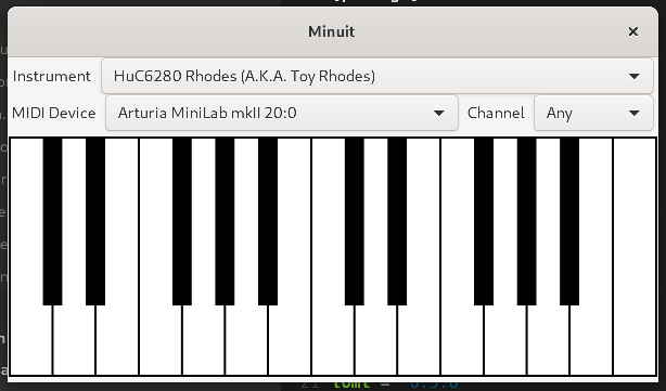 Basic UI for Minuit showing the piano widget and instrument selection